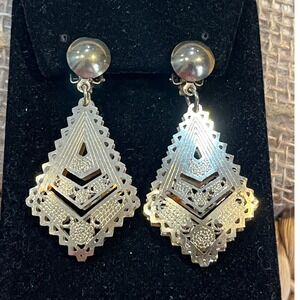 Vintage Gold Tone Geometric Diamond Cut Out Clip On Drop Earrings Statement Boho